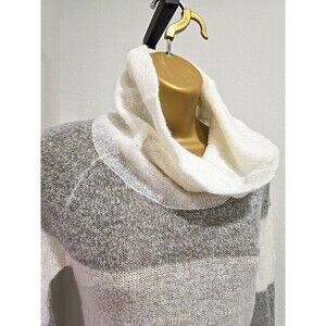 Y2K Funnel Neck Sweater Womens Med Mohair Wool Blend Wide Stripe Cream Gray Cozy